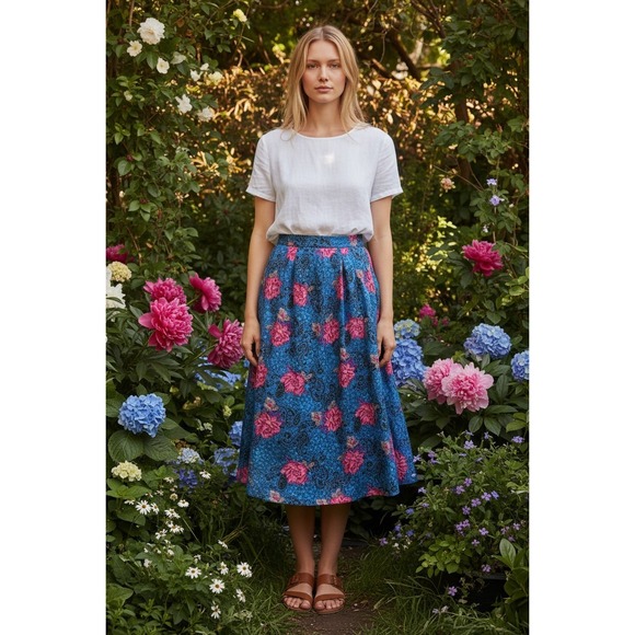 Dresses & Skirts - Vintage Teal Blue Pink Floral Paisley Midi Skirt High Waisted A-Line Boho M